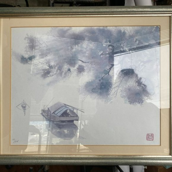VINTAGE ASIAN WATERCOLOR PRINT STAMPED AND NUMBERED - Picture 1 of 9